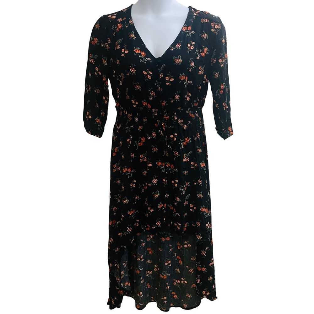 Womens Whimsigoth Witchy Boho Dark Floral High Low Dress Size L Black